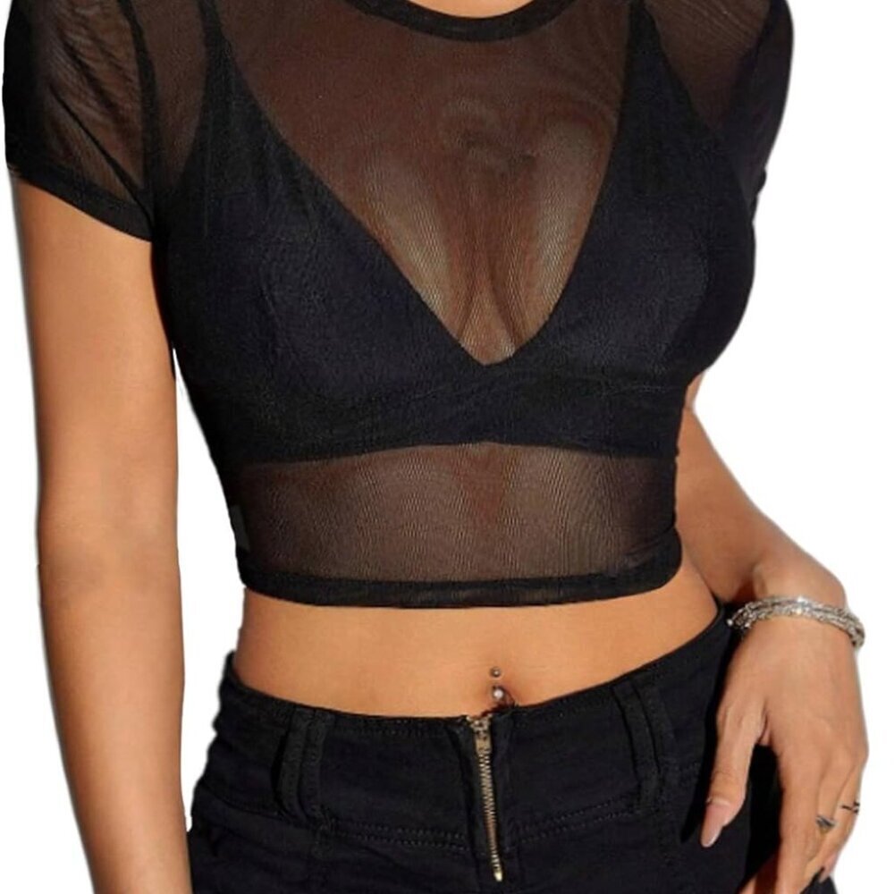 Mesh Crop Top Women Short Sleeve See Through Blouse Clubwear Y2k
